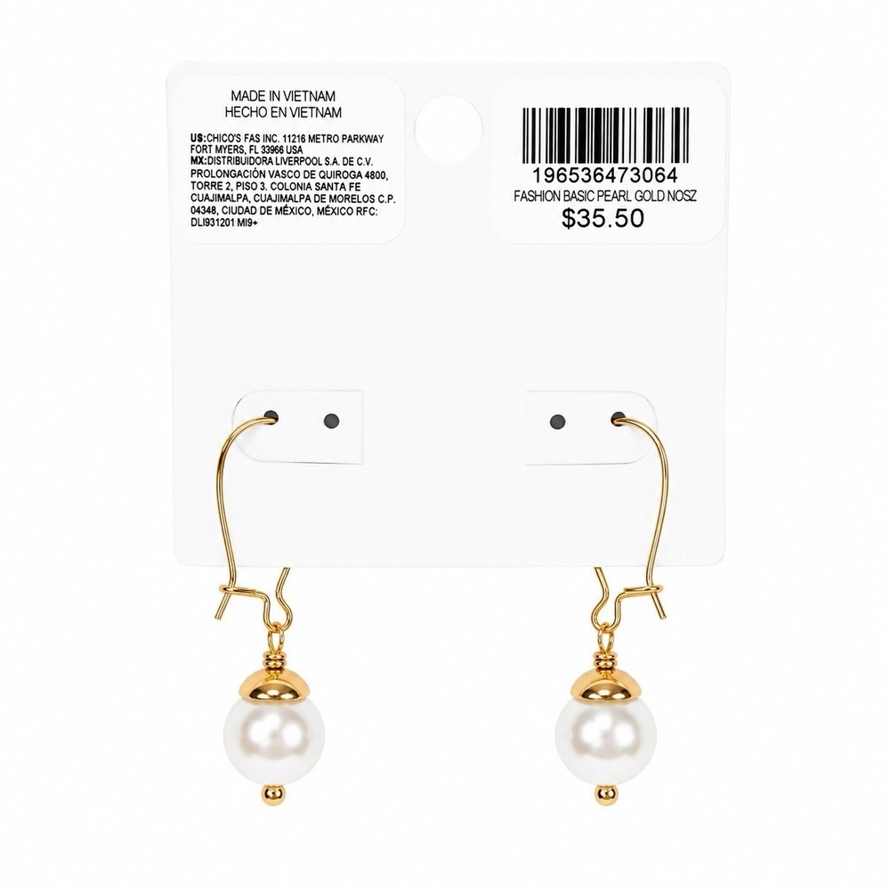 NWT Chico's Faux Pearl Drop Earrings Gold Tone Nickel Free No Droop 2" Drop NEW - Picture 5 of 5